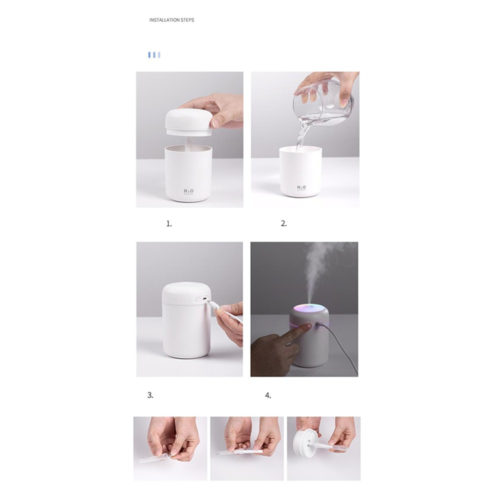 Mini humidificador de aire y difusor de aceites aromáticos. Tanque de agua de 300ml. Con luz nocturna de colores / Portable Air Humidifier Aroma Essential Oil Diffuser for Car Home
